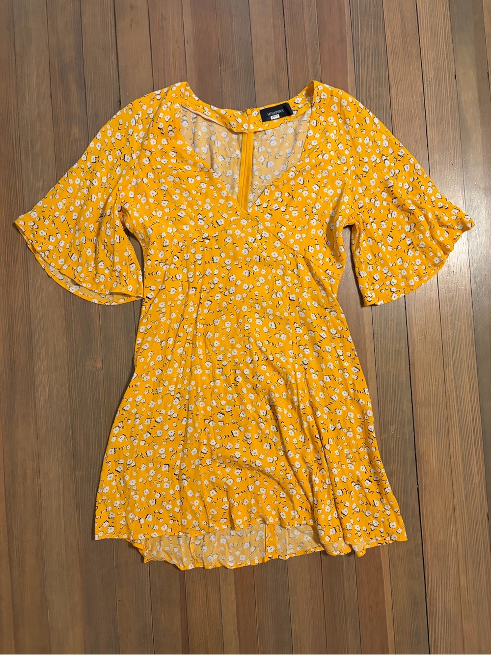 MINKPINK Yellow Floral V-Neck Mini Dress